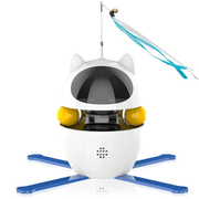 White Electric Turntable Laser Cat Toy with feather wand and LED laser, designed for stimulating solo play and exercise.